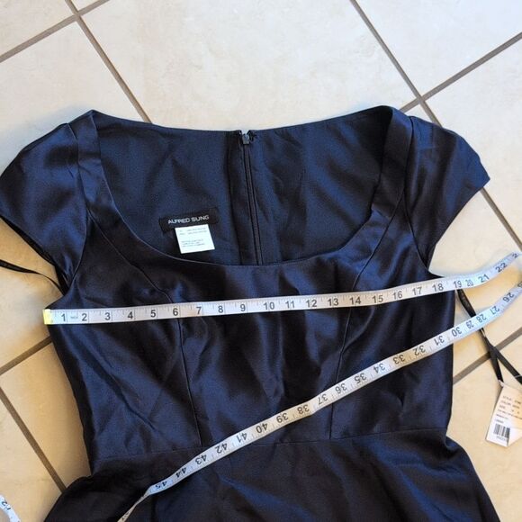 NWT Alfred Sung Cap Sleeve Satin Midi Dress Dark Navy Blue Size 14 - Picture 8 of 12